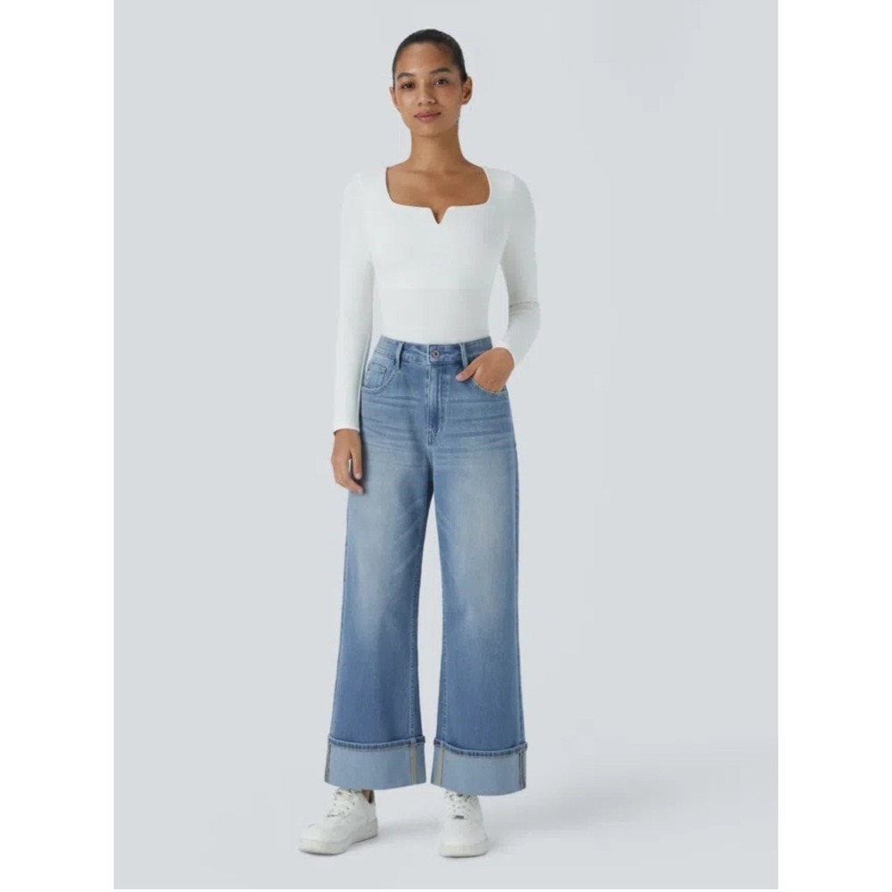 Halara Flex High Waisted Pockets Rolled Hem Wide Leg Casual Jeans  Small Petite